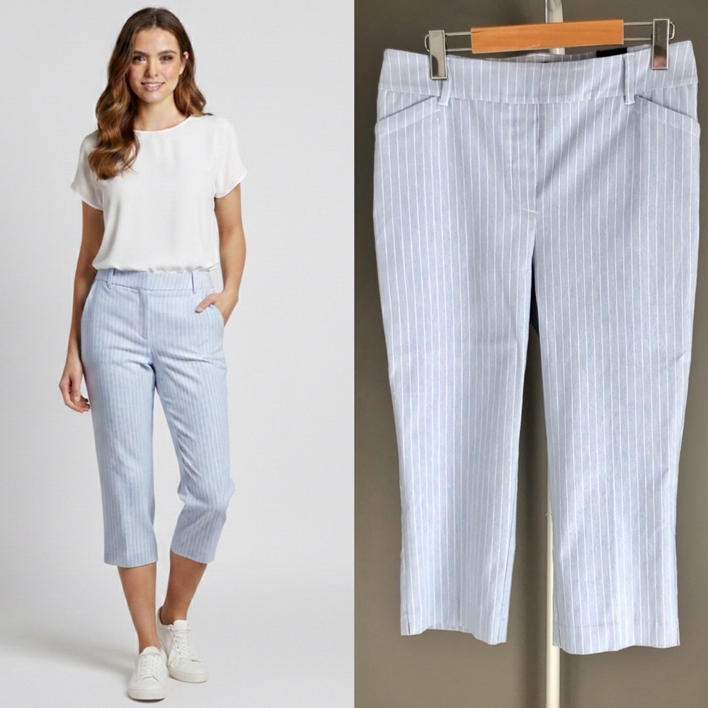 Reitmans Pastel Blue Strips Casual Stretchable Pencil Capri Trousers Pants.US 10